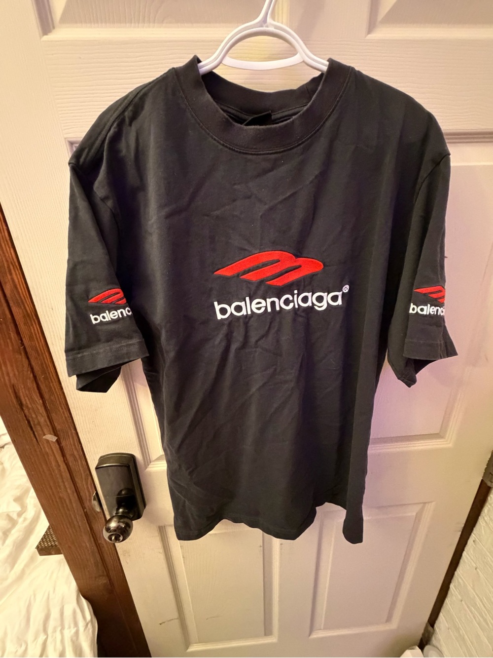 Balenciaga Black Short-Sleeve Tee with Red Logo